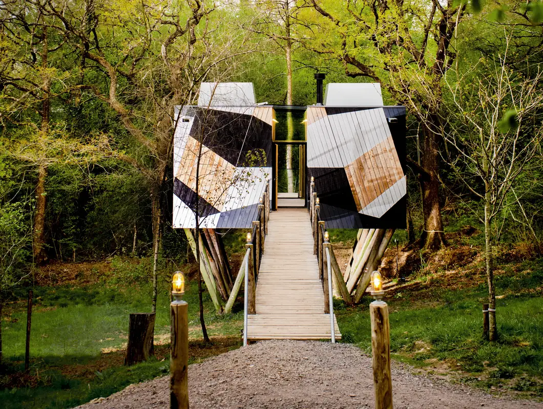 The dazzle-painted exterior of the Dazzle Treehouse among the trees