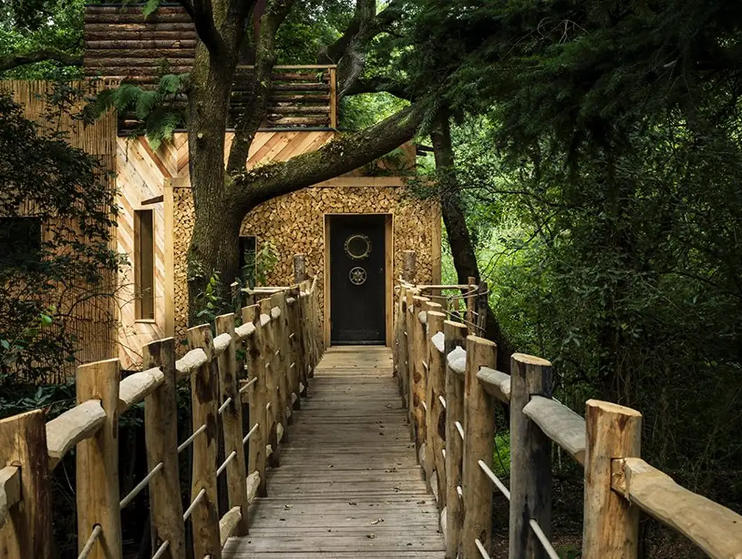 The boardwalk and rope bridge approach through the woodland at Cedar Hollow Dorset