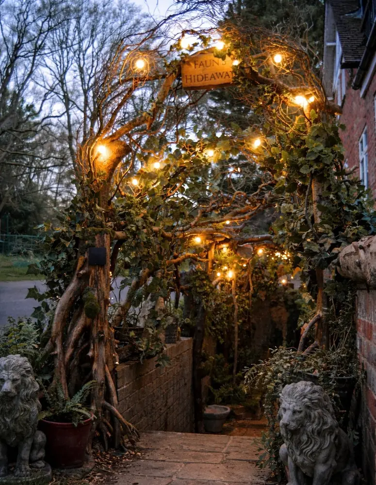 The lit arch at the entrance to Faun&rsquo;s Hideaway, at dusk