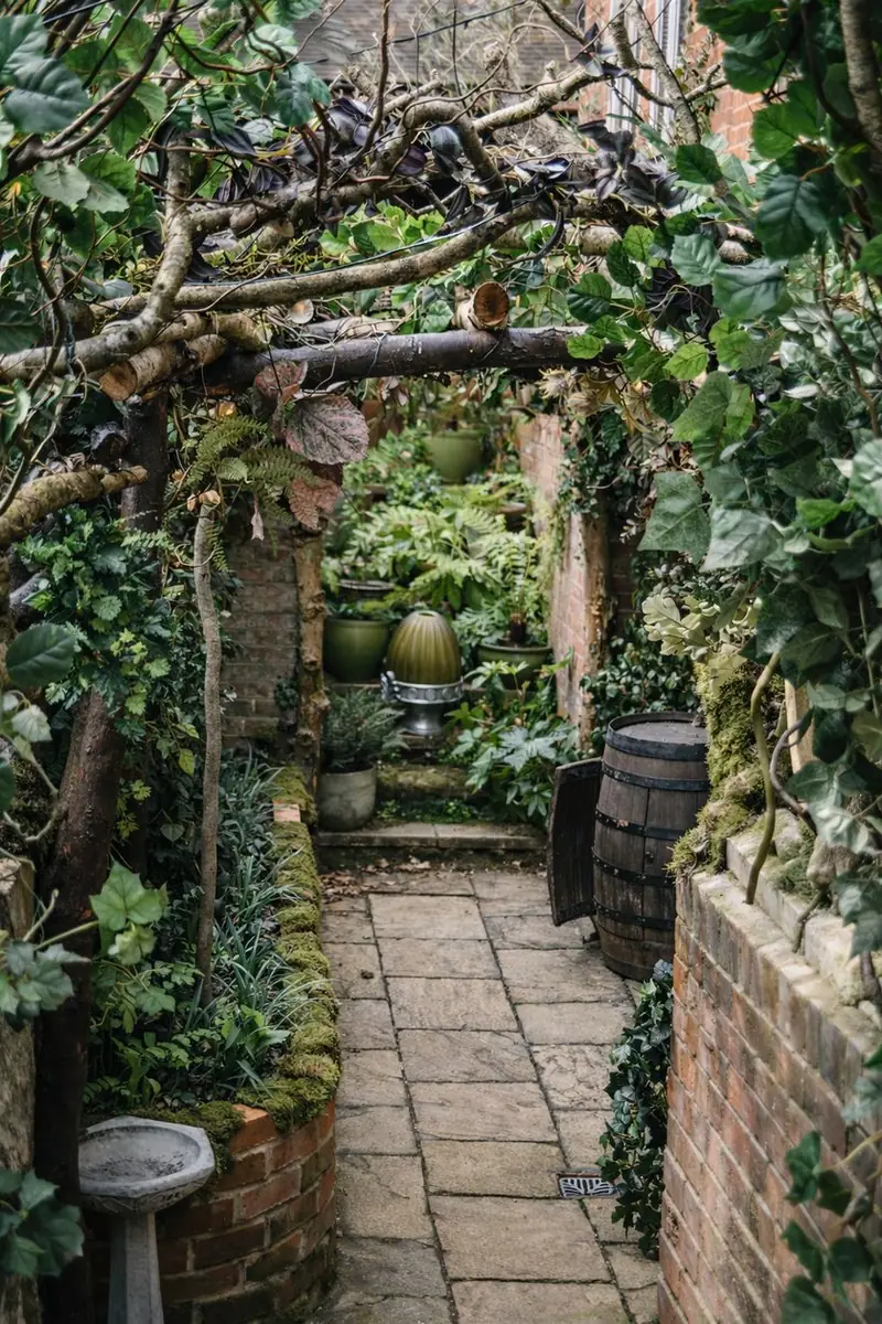 The ivy-covered archway through the garden