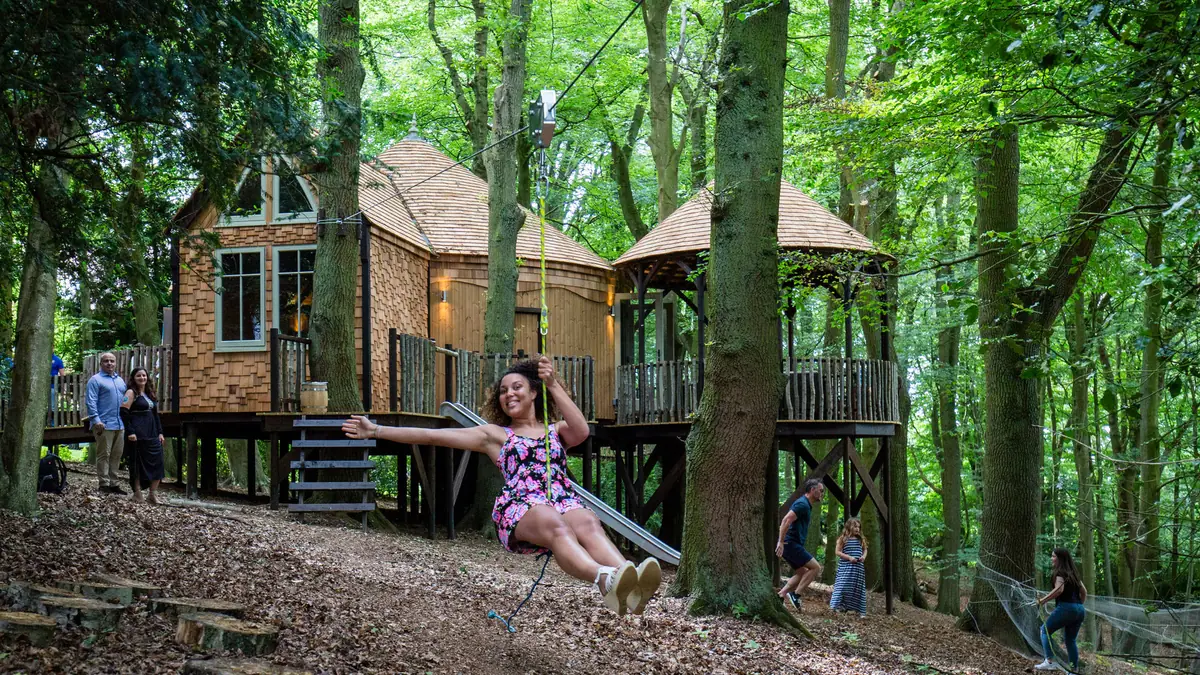 The treehouse on its stilts in the woodland